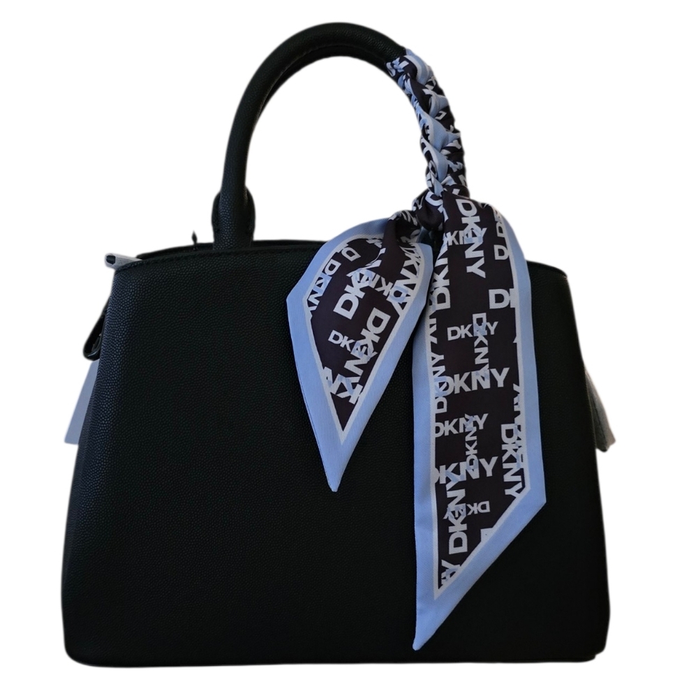 🖤 DKNY Paige Medium Black Satchel With Logo Scarf And Studded Front Emblem